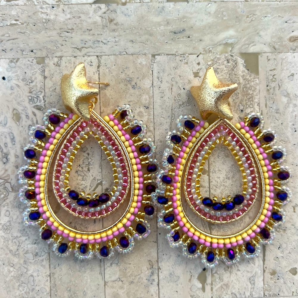 Handmade Colombian multicolor star Beaded Statement Earrings - Light Weight!